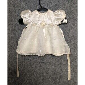 Vtg Baby Girl Baptism Dress 6-9M Ivory Satin Lace Christening Gown Floral Coquet